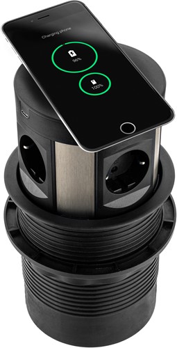 Pop-Up Meeting 4x230v, 2x USB-A, 2x USB-C, QI-draadloze oplader - Zwart