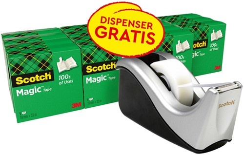 Plakband Scotch Magic 819 19mmx33m mat + plakbandhouder zilver 16 rollen