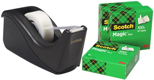 Plakbandhouder Scotch C60 zwart + 4 rollen Magic tape 19mmx33m 5 stuks