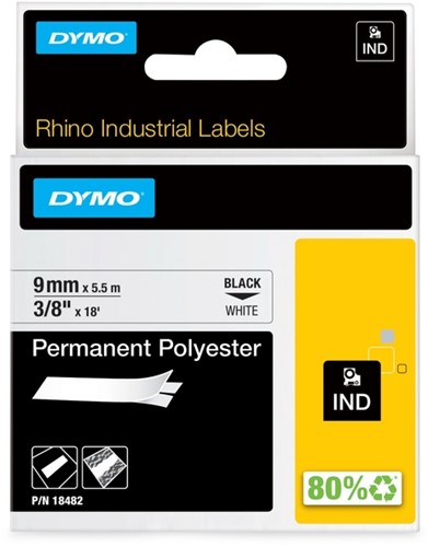 Labeltape Dymo Rhino industrieel polyester 9mm zwart op wit